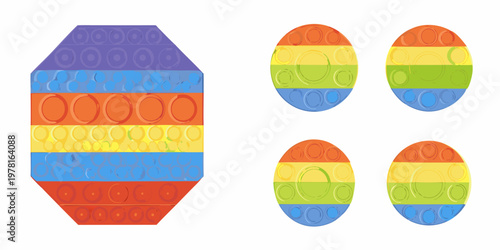 Colorful pop it fidget toys arranged in different shapes and sizes