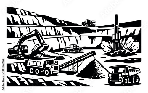Industrial scene of an open cast quarry with machinery extracting minerals and raw materials for construction and industry