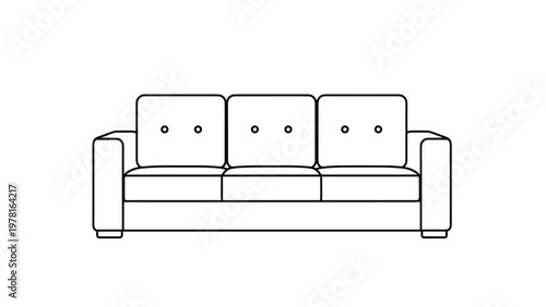 Minimalist line art illustration of a standard three-seater sofa with rectangular cushions and armrests for interior planning.