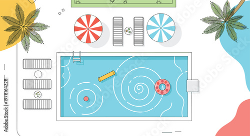 Overhead view of a luxury swimming pool area featuring lounge chairs, colorful umbrellas, and palm trees in a modern vector art style.