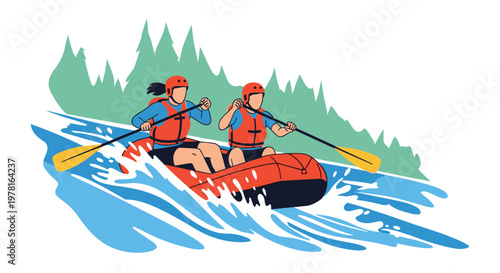 Action illustration of two people in a red inflatable raft navigating through rapid river waves during a white water rafting adventure.