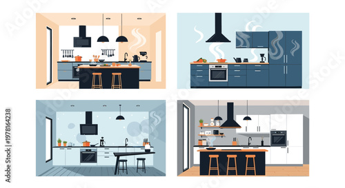 Set of four modern kitchen interior designs featuring contemporary cabinets, islands, and appliances in diverse color schemes.