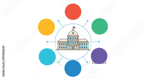 Government building icon centered within a radial network of six colorful circular placeholders for infographic data presentation.