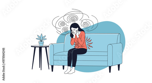 Woman suffering from dizziness and back pain while sitting on a sofa in a living room, depicted in a flat vector illustration style.