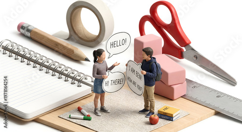 英語の吹き出しを使って対話の練習をする子供たちのミニチュア
