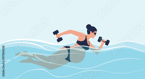 Pregnant woman performing aquatic exercises by swimming and lifting dumbbells in a pool to maintain health and fitness during pregnancy.