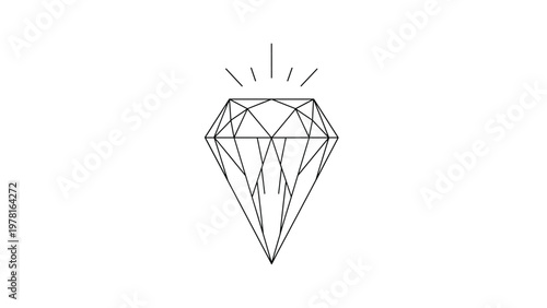 Simple geometric line art illustration of a polished diamond gemstone with light rays reflecting from the top on a white background.