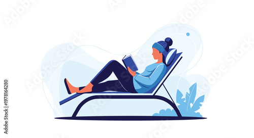 Relaxed person lying on a lounge chair and reading a book within an abstract blue background, suggesting peace and leisure.