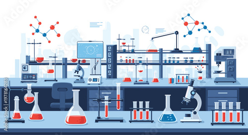 Comprehensive modern science laboratory interior featuring various beakers, test tubes, microscopes, and high-tech research equipment.