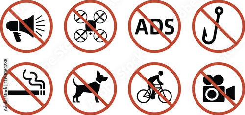 Red and Black Prohibition Sign Icon Set, No Loud Noise, No Drones, No Ads, No Fishing, No Smoking, No Dogs, No Cycling and No Recording Symbols, Vector Illustration