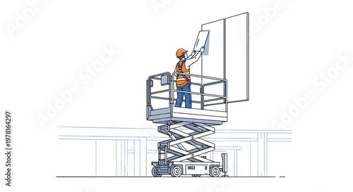Construction worker wearing safety gear and harness operating from a scissor lift to install a large window on a building.
