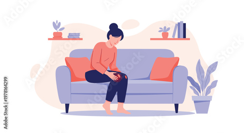 Woman experiencing knee pain while sitting on a sofa in a living room, represented by red highlights on her joint in this vector art.