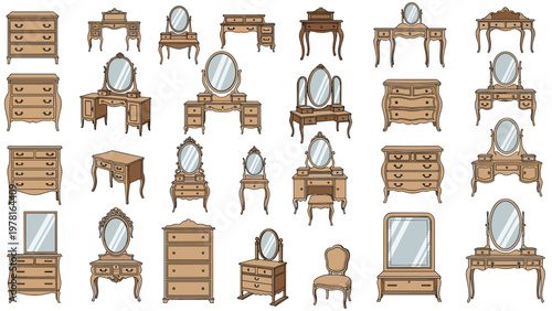 Extensive collection of vanity tables and makeup dressers with mirrors in various classic and vintage styles for bedroom furniture planning.