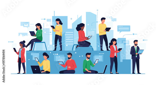 Multicultural group of people engaged with various digital devices including laptops and tablets in a modern urban city setting.