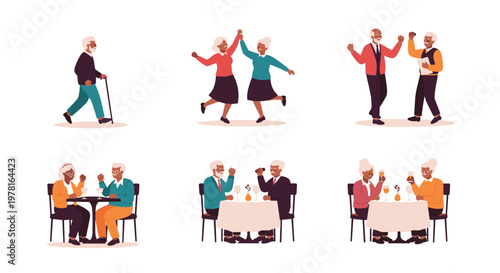 Collection of illustrations showing senior people enjoying various activities such as dancing, walking, and dining together.