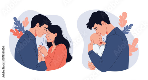 Emotional scenes depicting a man and woman crying together in sadness and a father weeping while holding his crying infant.