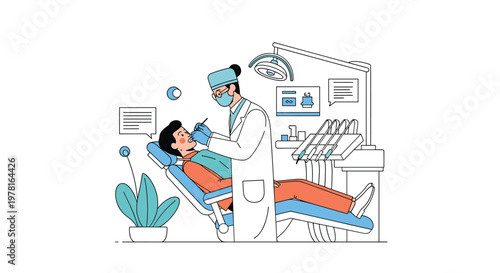 Professional dentist wearing a protective mask and gown performing a dental procedure on a patient in a modern clinic.