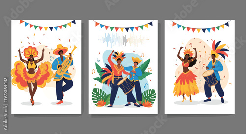 Set of three festive carnival posters featuring people in vibrant traditional costumes dancing and playing music.