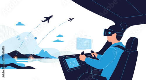 Pilot using virtual reality technology to train in a flight simulator cockpit with airplanes and landscape data in the background.