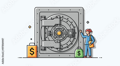 Woman standing in front of a massive circular bank vault door representing security and financial wealth storage.