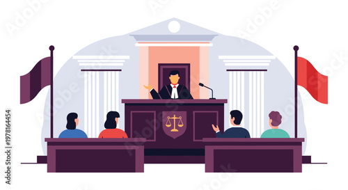 Scene from a courtroom featuring a judge presiding over a legal proceeding with people seated as listeners and participants.