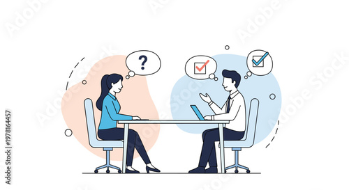Man and woman engaged in a professional job interview or consultation with interactive question and checkmark icons.