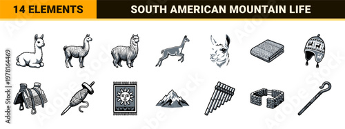 Andean Llama and Culture Woodcut Set