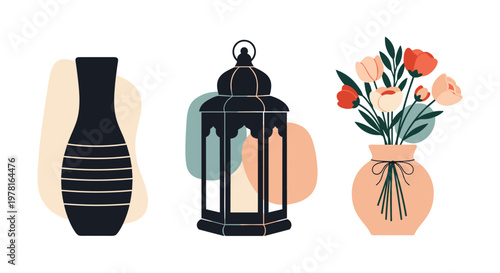 Simple and elegant home decor elements including a black striped vase, a classic lantern, and a floral vase with blooms.