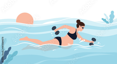 Pregnant woman exercising by swimming and lifting dumbbells in the ocean during a beautiful sunrise to stay fit.