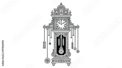 Intricate line art illustration of a traditional grandfather clock with detailed carvings weights and a pendulum for classic decor.