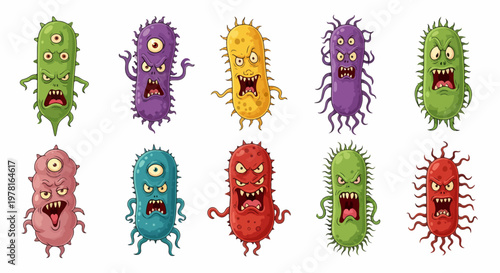 Photos Playful germ monsters set with quirky shapes and expressive faces for children t