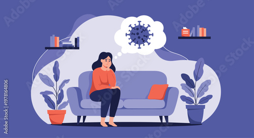 Anxious woman sitting on couch at home thinking about coronavirus pandemic representing mental health stress and isolation.