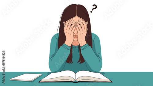 Frustrated young woman sitting at a desk covering her face with her hands while studying an open book with a question mark.