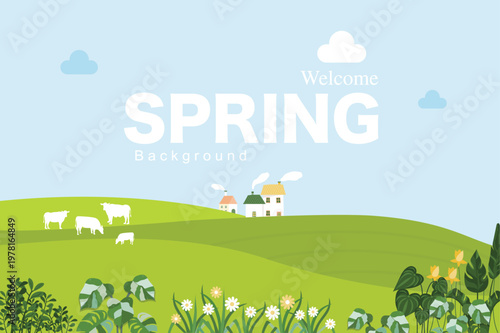 Welcome Spring Background. Spring season.Design for Poster, Banner, Flyer, Greeting, Card, Cover, Poster.Leaves and flowers plants.Vector illustration.
