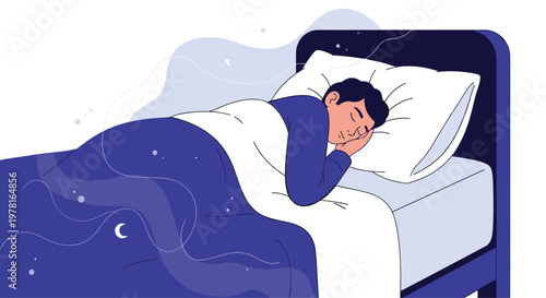 Peaceful man sleeping comfortably in bed with soft pillows and warm blankets under starry night sky dream sequence.