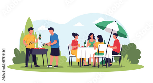 Group of friends enjoying summer barbecue garden party with food and drinks outdoors under umbrella on sunny day.