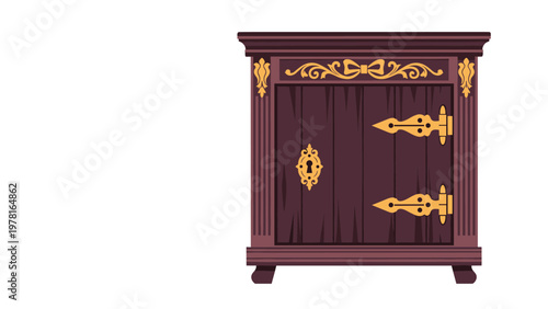 Richly decorated dark wood antique cabinet with ornate gold hinges, keyhole, and decorative scrollwork on its door.