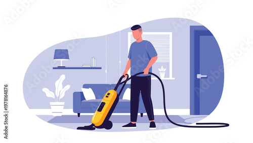 Flat vector illustration of a man cleaning a modern living room with a bright yellow industrial-style vacuum cleaner.