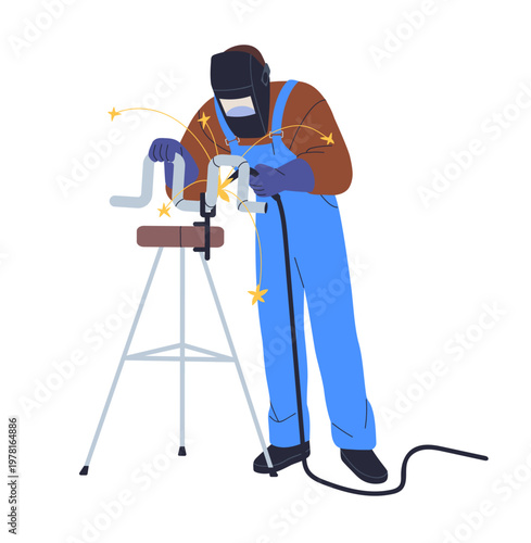 Welder in uniform assembling metal pipe with professional equipment. Welding industry, industrial work. Worker in helmet during assembly process. Flat vector illustration isolated on white background
