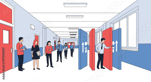 Students or coworkers walking and standing in modern building hallway with colorful doors and informative signage boards.