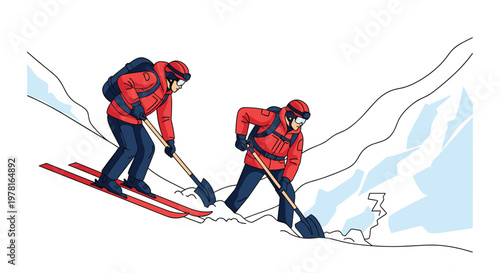 Professional mountain rescue team members in red gear using shovels to search for avalanche victims in snowy peaks.