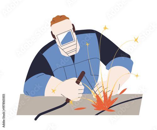 Welding work. Welder, industry worker with professional torch tool. Industrial manufacturing process. Man in uniform, protection mask and gloves. Flat vector illustration isolated on white background
