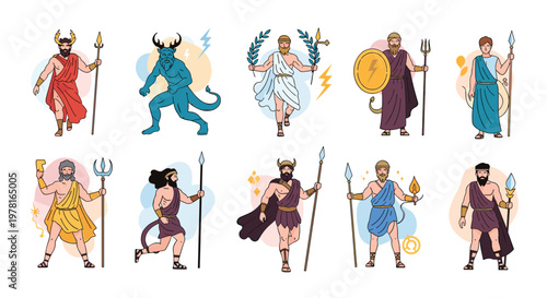 Detailed collection of diverse ancient Greek gods and goddesses characters with traditional attributes and weapons.