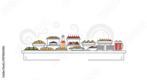 Large buffet table laden with various international dishes appetizers snacks and drinks for party or event catering.