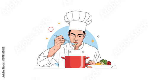 Professional male chef in white uniform and hat tasting delicious food from red cooking pot in kitchen setting.