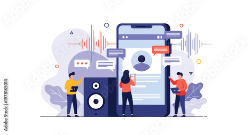 Creative team of young people working on audio content around giant smartphone with sound waves and speaker symbols.