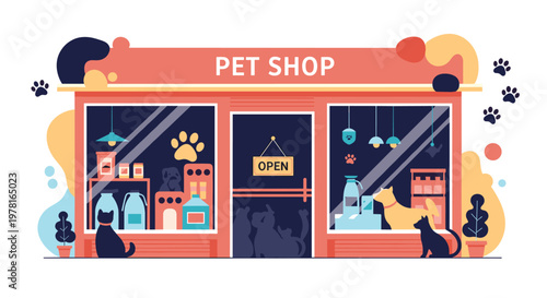 Charming pet shop storefront with illuminated windows displaying cats dogs pet supplies and paw print decorations.