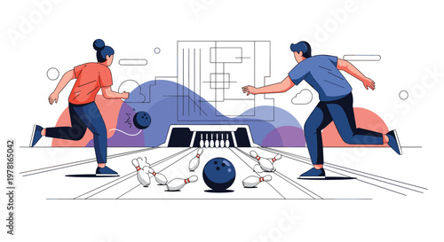 Cheerful man and woman playing bowling together in modern sports alley with balls hitting pins in dynamic motion blur.
