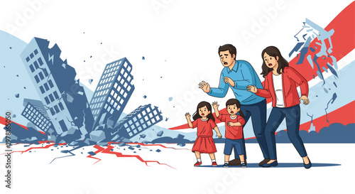 Terrified family fleeing for safety as urban buildings collapse during powerful earthquake disaster natural situation.