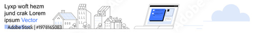 Smart cities, sustainability, online tools, remote work, urban planning, futuristic design. Graphic showing eco-friendly buildings, laptop with an interface minimalistic cloud. Smart cities